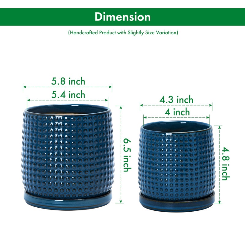 D'vine Dev 6 Inch 4 Inch Ceramic Indoor Planter Pots with Drainage Hole and Saucer, Beaded Design Flower Pots, Set of 2, Blue, 27-D-U-3 - Image 3